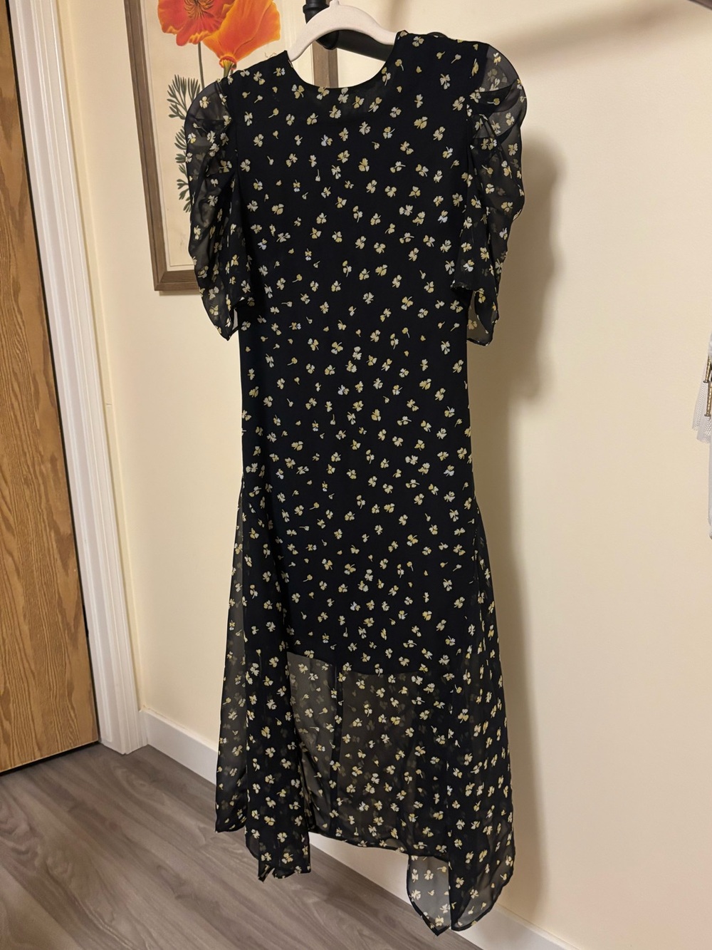 H&M Black Midi Dress with Yellow Floral Print and Asymmetrical Hem
